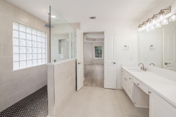 Bathroom, Dual Sink Vanities, Glass Shower, Interior, Recessed Lighting, Wood Texture Flooring