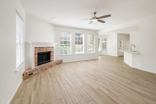 Empty room, Fireplace, Interior, Pendant Lights, Recessed Lighting, Wood Texture Flooring