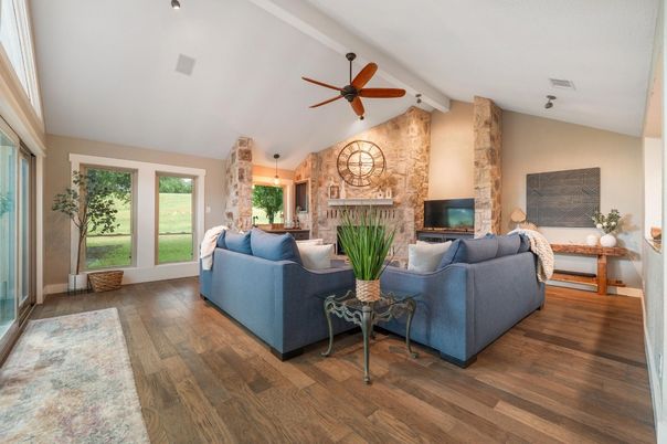 Interior, Living room, Stone Walls, Wood Texture Flooring