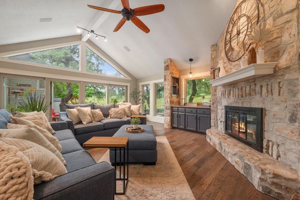 Fireplace, Interior, Living room, Pendant Lights, Stone Walls, Wood Texture Flooring