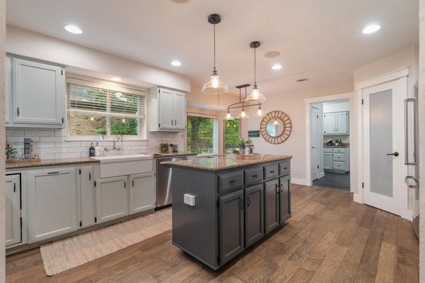 Interior, Kitchen, Pendant Lights, Recessed Lighting, Wood Texture Flooring