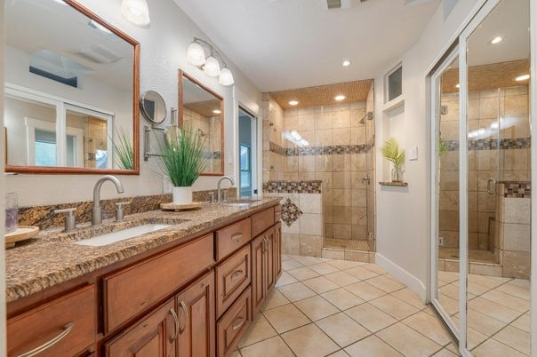 Bathroom, Dual Sink Vanities, Glass Shower, Interior, Recessed Lighting