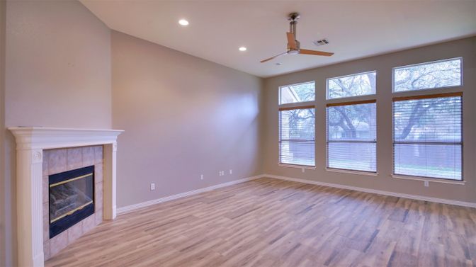 Empty room, Fireplace, Interior, Recessed Lighting, Wood Texture Flooring