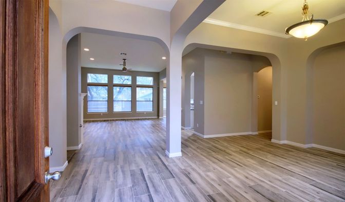 Empty room, Interior, Pendant Lights, Recessed Lighting, Wood Texture Flooring