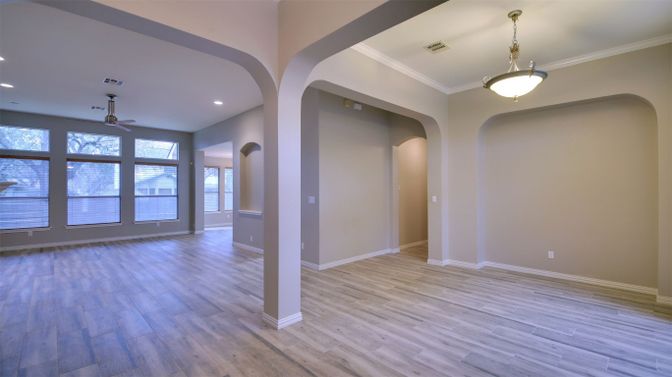 Empty room, Interior, Pendant Lights, Recessed Lighting, Wood Texture Flooring
