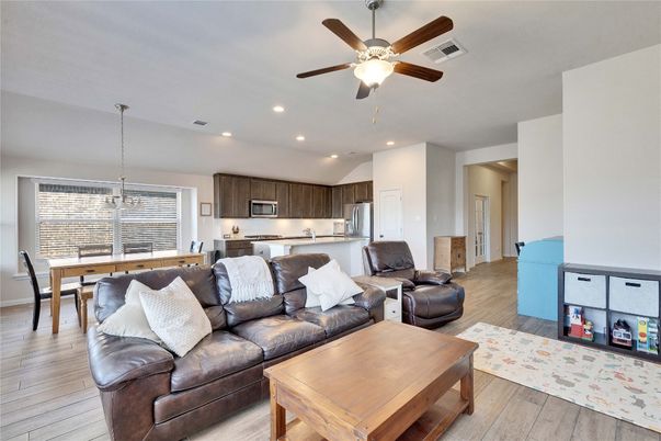 Dining room, Interior, Kitchen, Living room, Pendant Lights, Recessed Lighting, Stainless Steel Appliances, Wood Texture Flooring