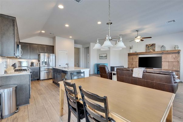 Interior, Kitchen, Living room, Pendant Lights, Recessed Lighting, Stainless Steel Appliances, Wood Texture Flooring