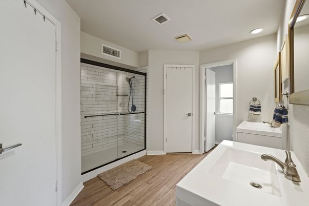 Bathroom, Glass Shower, Interior, Recessed Lighting, Wood Texture Flooring
