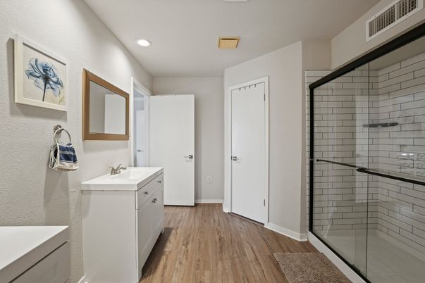 Bathroom, Glass Shower, Interior, Recessed Lighting, Wood Texture Flooring