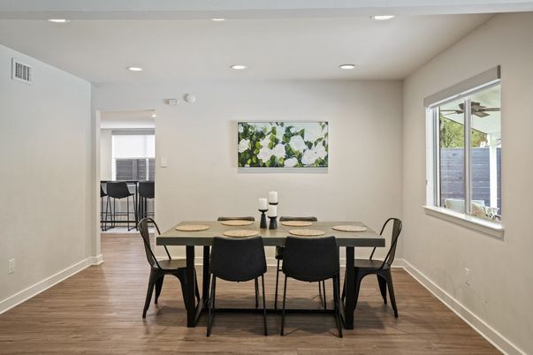 Dining room, Interior, Recessed Lighting, Wood Texture Flooring