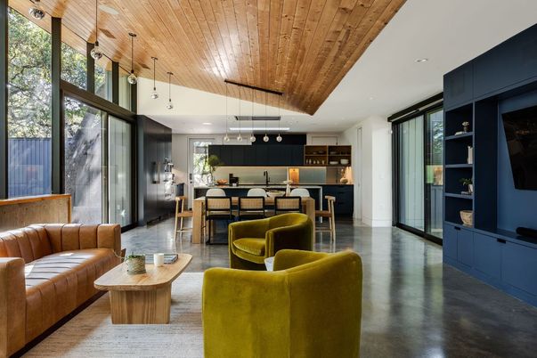 Dining room, Interior, Kitchen, Living room, Pendant Lights, Recessed Lighting, Wooden Ceilings