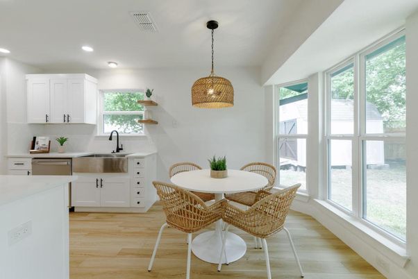 Dining room, Interior, Kitchen, Pendant Lights, Recessed Lighting, Wood Texture Flooring