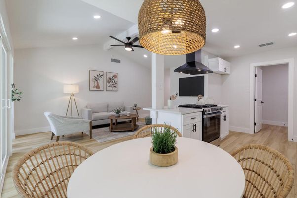 Chandelier, Dining room, Interior, Kitchen, Living room, Recessed Lighting, Stainless Steel Appliances, Wood Texture Flooring