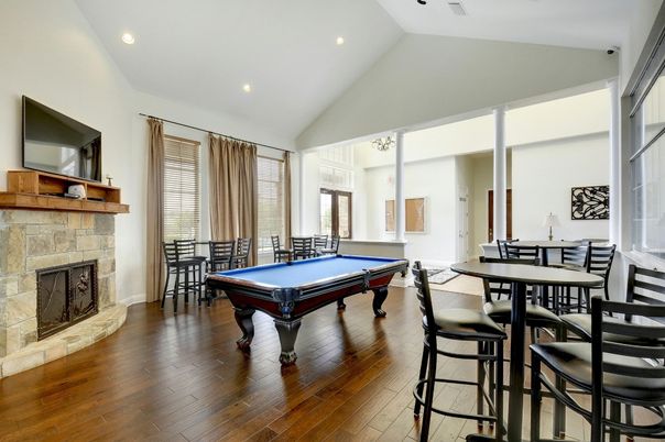 Billiard Table, Dining room, Fireplace, Game Room, Interior, Recessed Lighting, Wood Texture Flooring