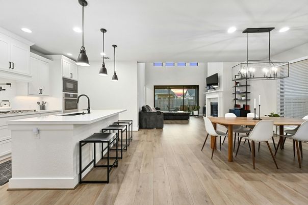 Dining room, Fireplace, Interior, Kitchen, Living room, Pendant Lights, Recessed Lighting, Wood Texture Flooring