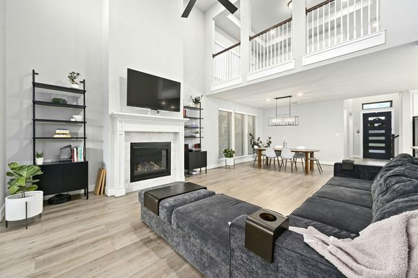 Dining room, Fireplace, Interior, Living room, Pendant Lights, Recessed Lighting, Wood Texture Flooring