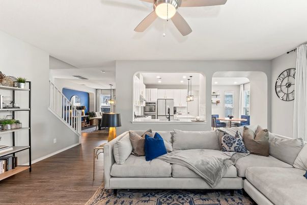 Dining room, Interior, Kitchen, Living room, Pendant Lights, Recessed Lighting, Stainless Steel Appliances, Wood Texture Flooring