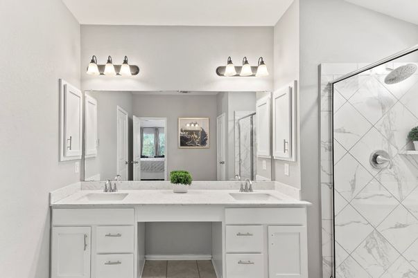 Bathroom, Dual Sink Vanities, Glass Shower, Interior, Marble Walls