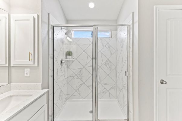 Bathroom, Glass Shower, Interior, Marble Walls, Recessed Lighting