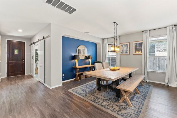 Dining room, Interior, Pendant Lights, Recessed Lighting, Wood Texture Flooring