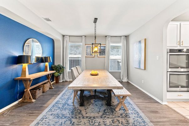 Dining room, Interior, Pendant Lights, Wood Texture Flooring