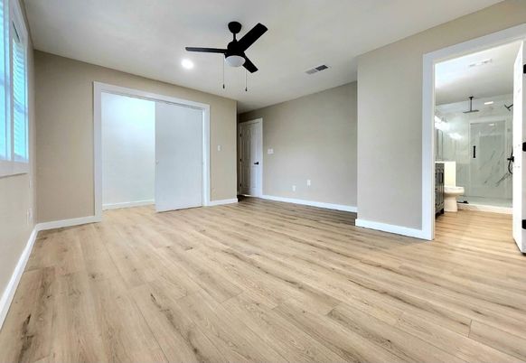 Bathroom, Empty room, Glass Shower, Interior, Recessed Lighting, Wood Texture Flooring