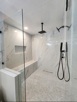 Bathroom, Glass Shower, Interior, Marble Walls, Recessed Lighting