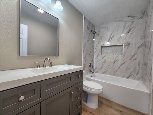 Bathroom, Interior, Marble Walls, Wood Texture Flooring