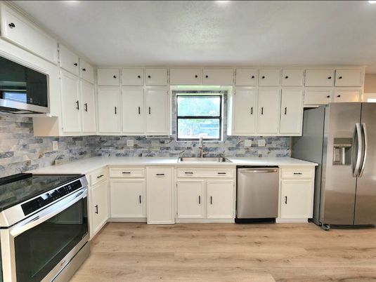Interior, Kitchen, Recessed Lighting, Stainless Steel Appliances, Wood Texture Flooring