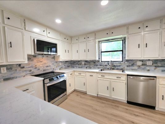 Interior, Kitchen, Recessed Lighting, Stainless Steel Appliances, Wood Texture Flooring