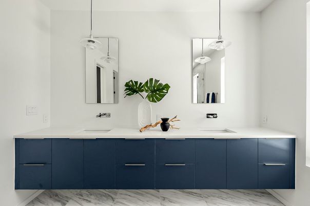 Bathroom, Dual Sink Vanities, Interior, Marble, Pendant Lights