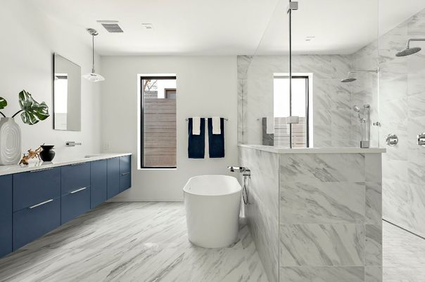 Bathroom, Dual Sink Vanities, Free Standing Baths, Glass Shower, Interior, Marble, Marble Walls, Pendant Lights
