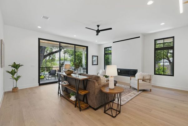 Home Office, Interior, Living room, Recessed Lighting, Wood Texture Flooring