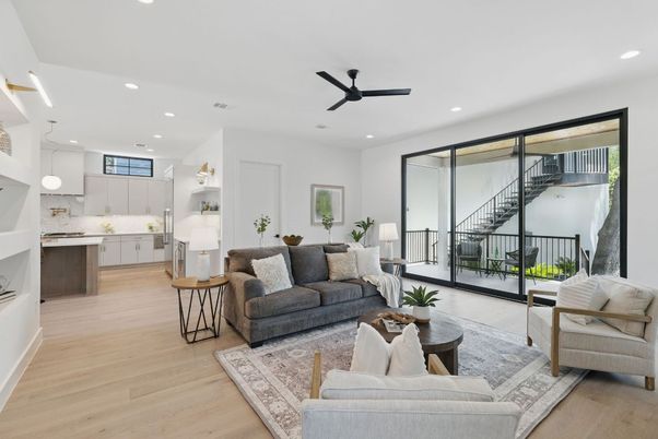 Interior, Kitchen, Living room, Pendant Lights, Recessed Lighting, Wood Texture Flooring