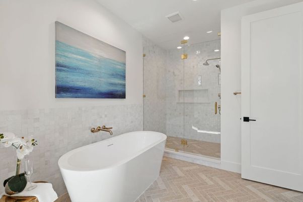 Bathroom, Free Standing Baths, Glass Shower, Interior, Recessed Lighting