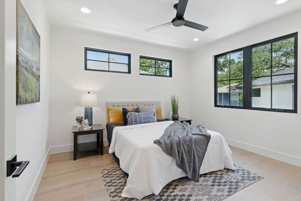 Bedroom, Interior, Recessed Lighting, Wood Texture Flooring