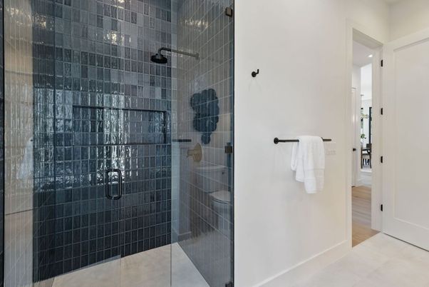 Bathroom, Glass Shower, Interior, Wood Texture Flooring