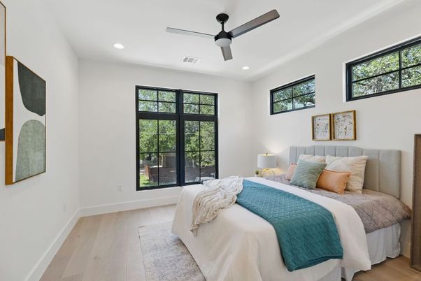 Bedroom, Interior, Recessed Lighting, Wood Texture Flooring