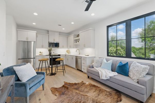Interior, Kitchen, Living room, Recessed Lighting, Stainless Steel Appliances, Wood Texture Flooring