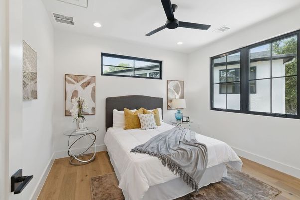 Bedroom, Interior, Recessed Lighting, Wood Texture Flooring