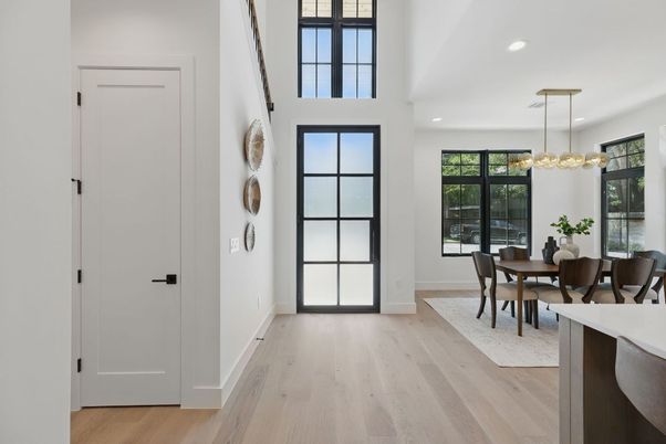 Dining room, Interior, Pendant Lights, Recessed Lighting, Wood Texture Flooring