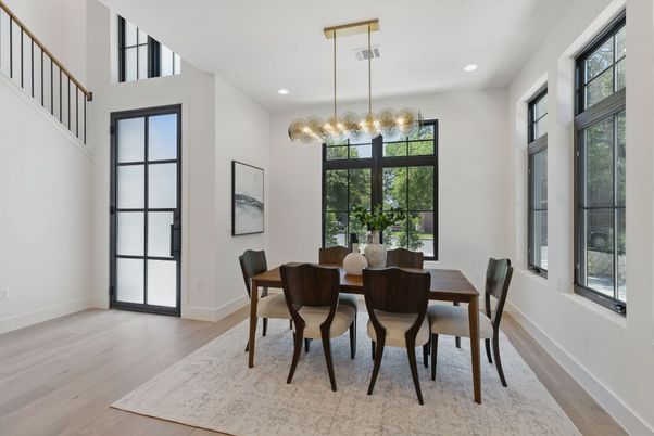 Dining room, Interior, Pendant Lights, Recessed Lighting, Wood Texture Flooring