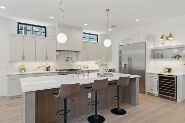 Interior, Kitchen, Marble Walls, Pendant Lights, Recessed Lighting, Stainless Steel Appliances, Wood Texture Flooring