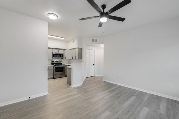 Empty room, Interior, Kitchen, Stainless Steel Appliances, Wood Texture Flooring