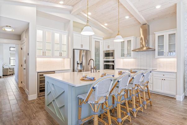 Interior, Kitchen, Pendant Lights, Recessed Lighting, Stainless Steel Appliances, Wooden Ceilings, Wood Texture Flooring