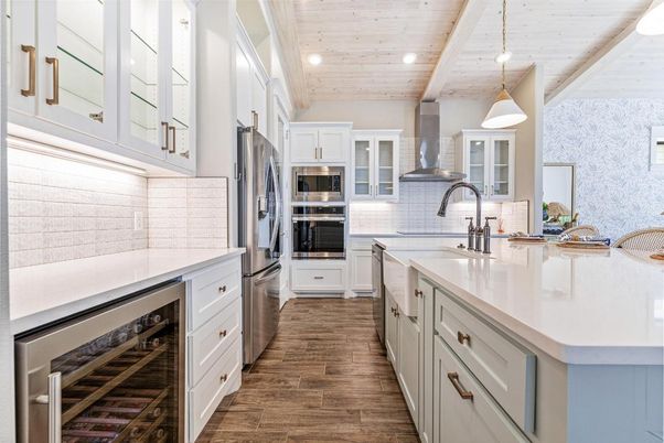 Interior, Kitchen, Pendant Lights, Recessed Lighting, Stainless Steel Appliances, Wooden Ceilings, Wood Texture Flooring
