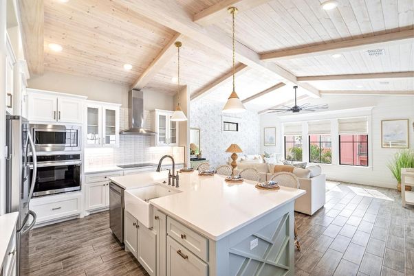 Interior, Kitchen, Living room, Pendant Lights, Recessed Lighting, Stainless Steel Appliances, Wooden Beams, Wooden Ceilings, Wood Texture Flooring