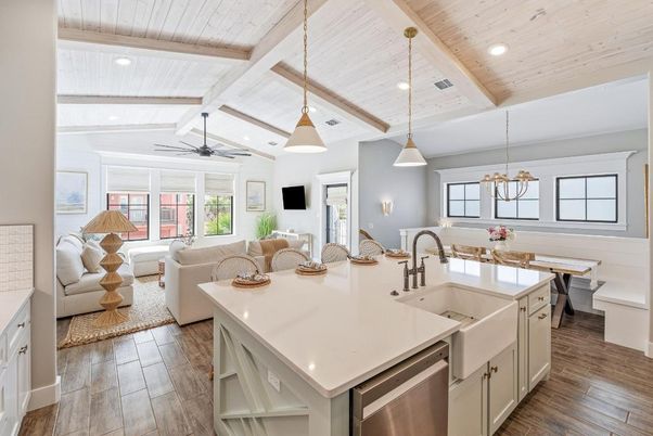 Interior, Kitchen, Living room, Pendant Lights, Recessed Lighting, Wooden Ceilings, Wood Texture Flooring