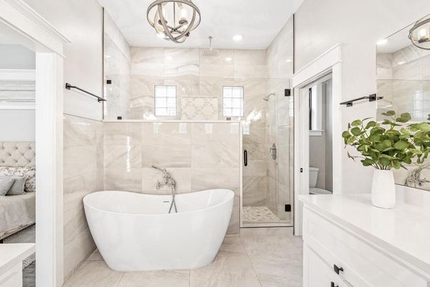 Bathroom, Free Standing Baths, Glass Shower, Interior, Marble Walls, Recessed Lighting