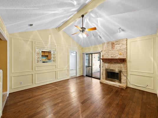 Empty room, Fireplace, Interior, Stone Walls, Wood Texture Flooring
